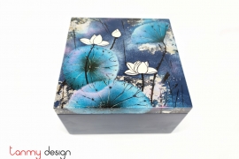 Blue square lacquer box hand painted with lotus pond 20*H12 cm